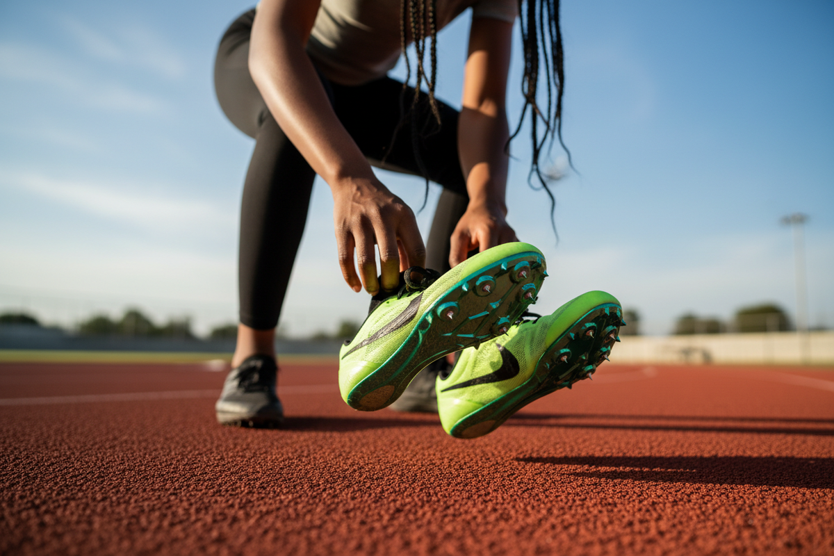 an afro-american person picking up a pair of track spikes 